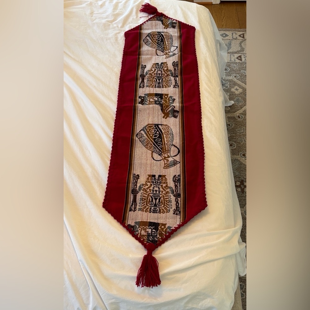 Peruvian Red and Beige Table Runner with Tassels - Inca designs